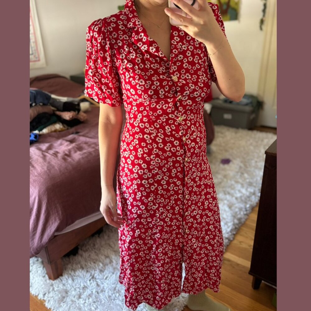 Reformation Wilde Midi Button Down Dress - Jenna Red Floral